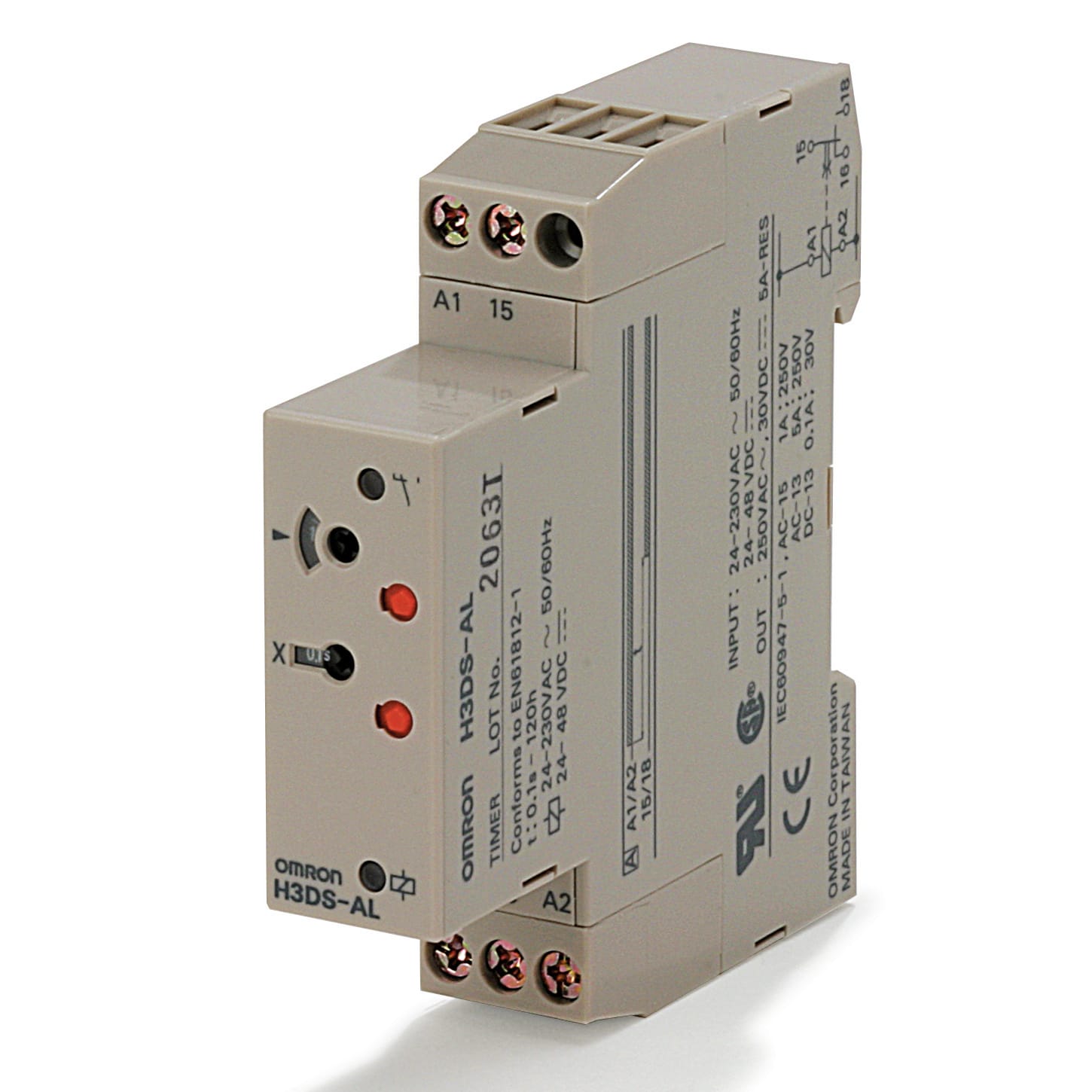 OMRON ELECTRONICS - Timer elettronico H3DS-A, 17,5mm, ritardo all'eccitazione, multiscala, multitensione, 1 uscita SPDT, guida DIN.