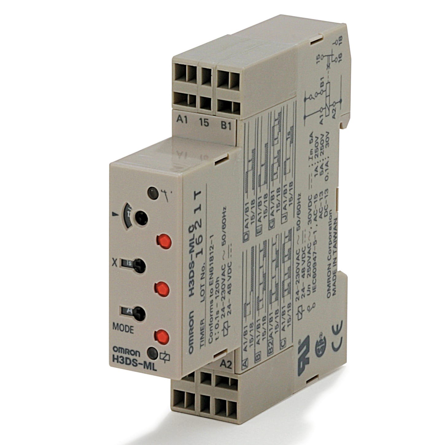 OMRON ELECTRONICS - Timer DIN 17,5 mm multiscala multifunzione 8 modi multitensione 1 contatto ritardato in scambio terminali a molla.