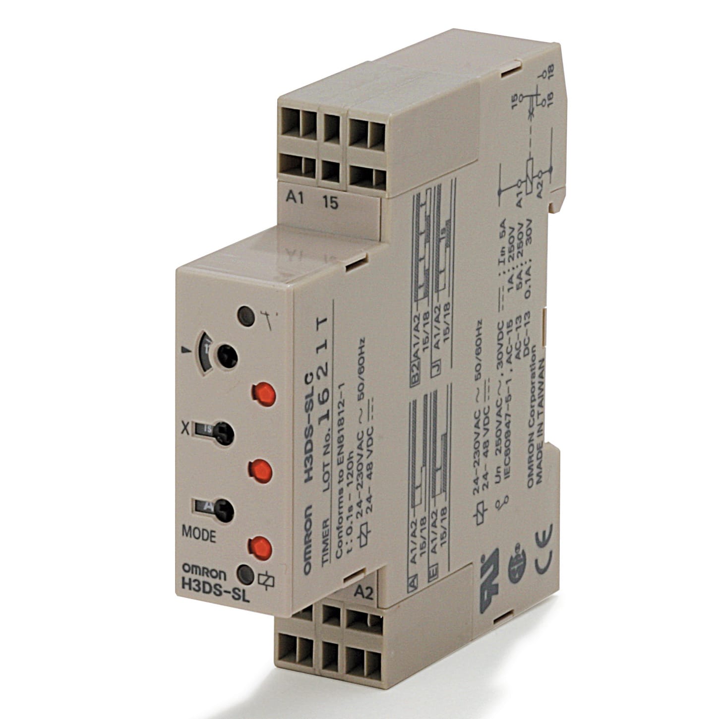 OMRON ELECTRONICS - Timer DIN 17,5 mm multiscala multifunzione 4 modi multitensione 1 contatto ritardato in scambio terminali a molla.