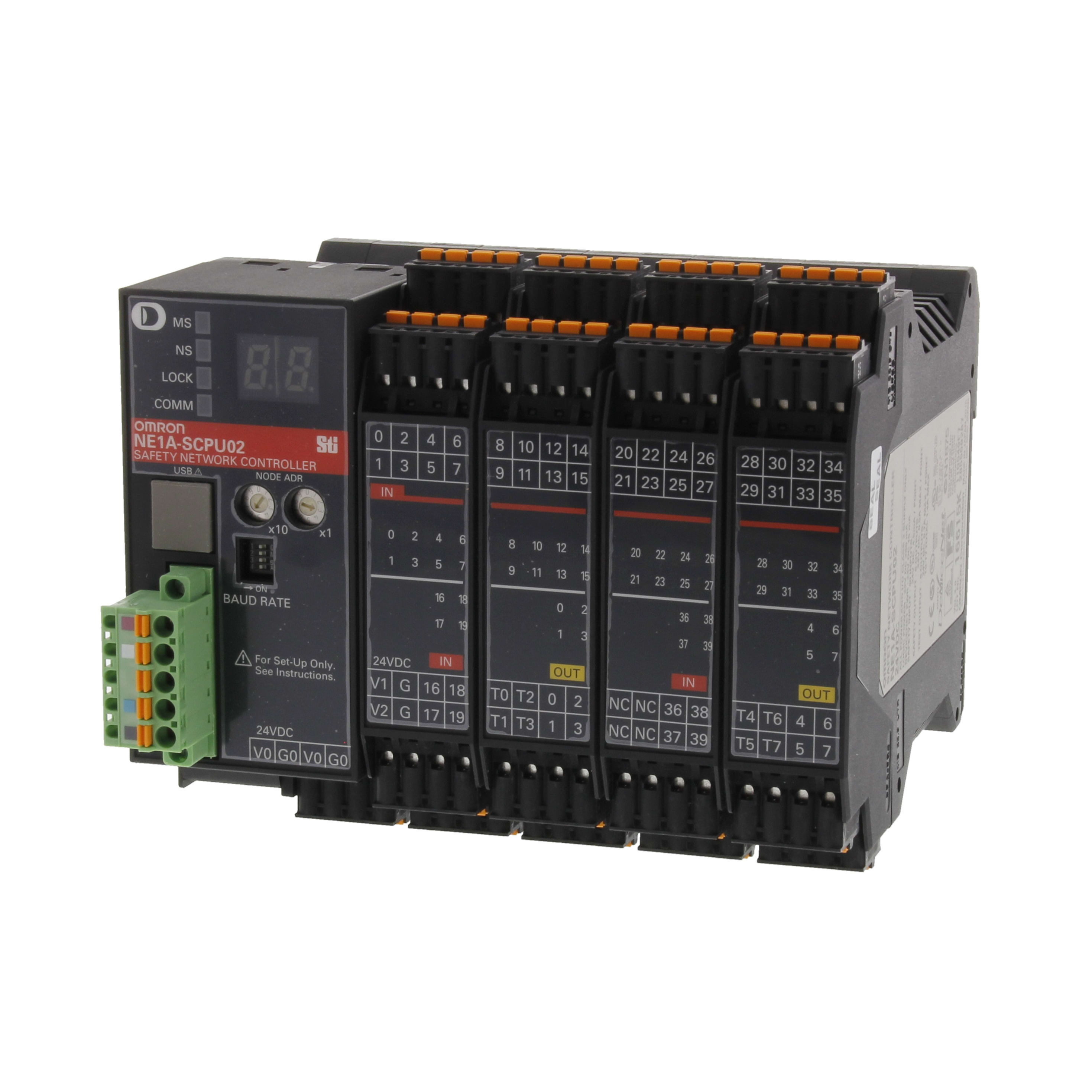 OMRON ELECTRONICS - Controllore di sicurezza 40 ingressi/8 uscite PNP, master DeviceNet Safety, memoria 254 blocchi funzionali, 8 uscite di test.