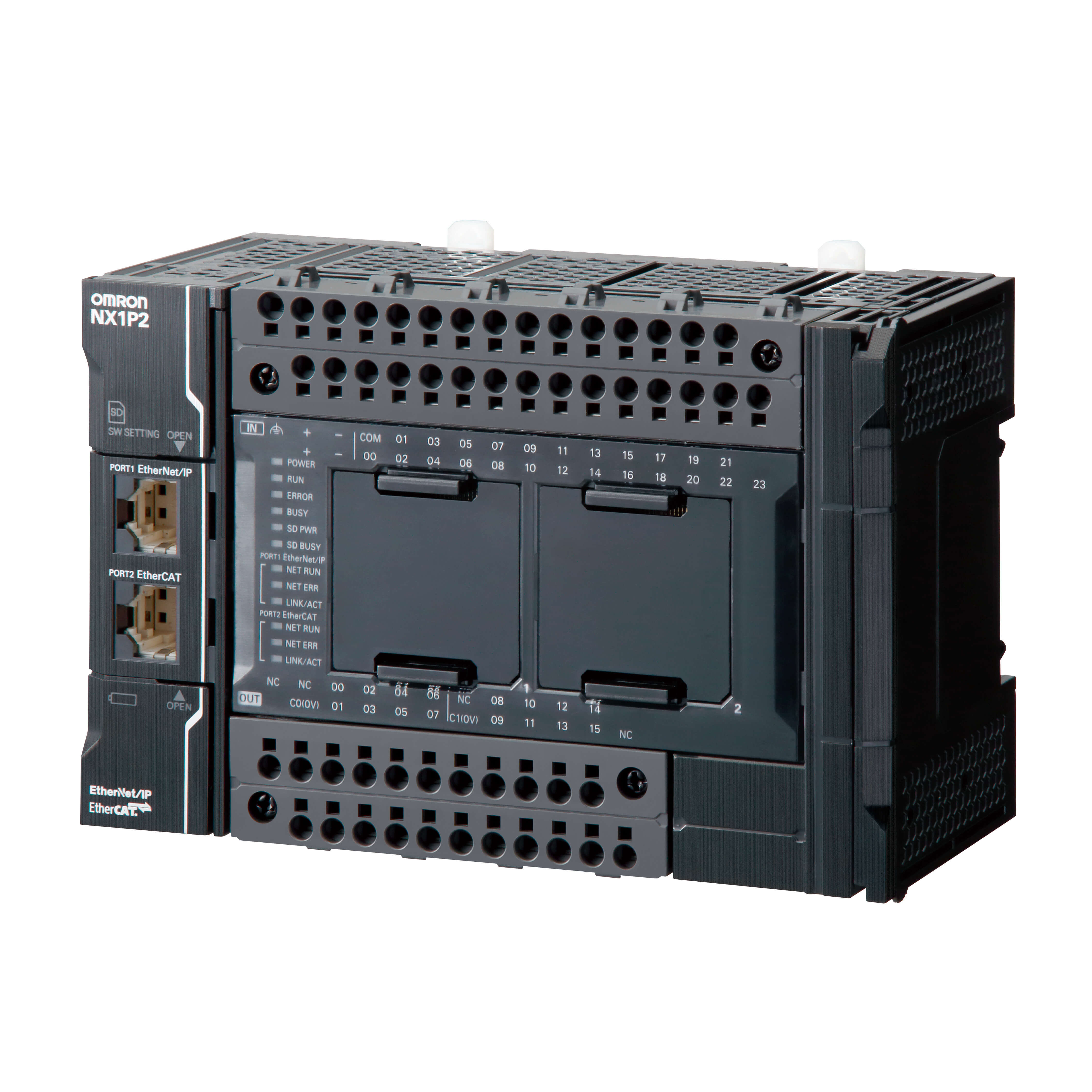 OMRON ELECTRONICS - Controllore Sysmac NX1P2, 2 assi reali, 4 assi PTP, 24 IN, 16 OUT PNP, 1x EtherCAT, 1x Ethernet/IP, Bus NX IO, 24Vdc.
