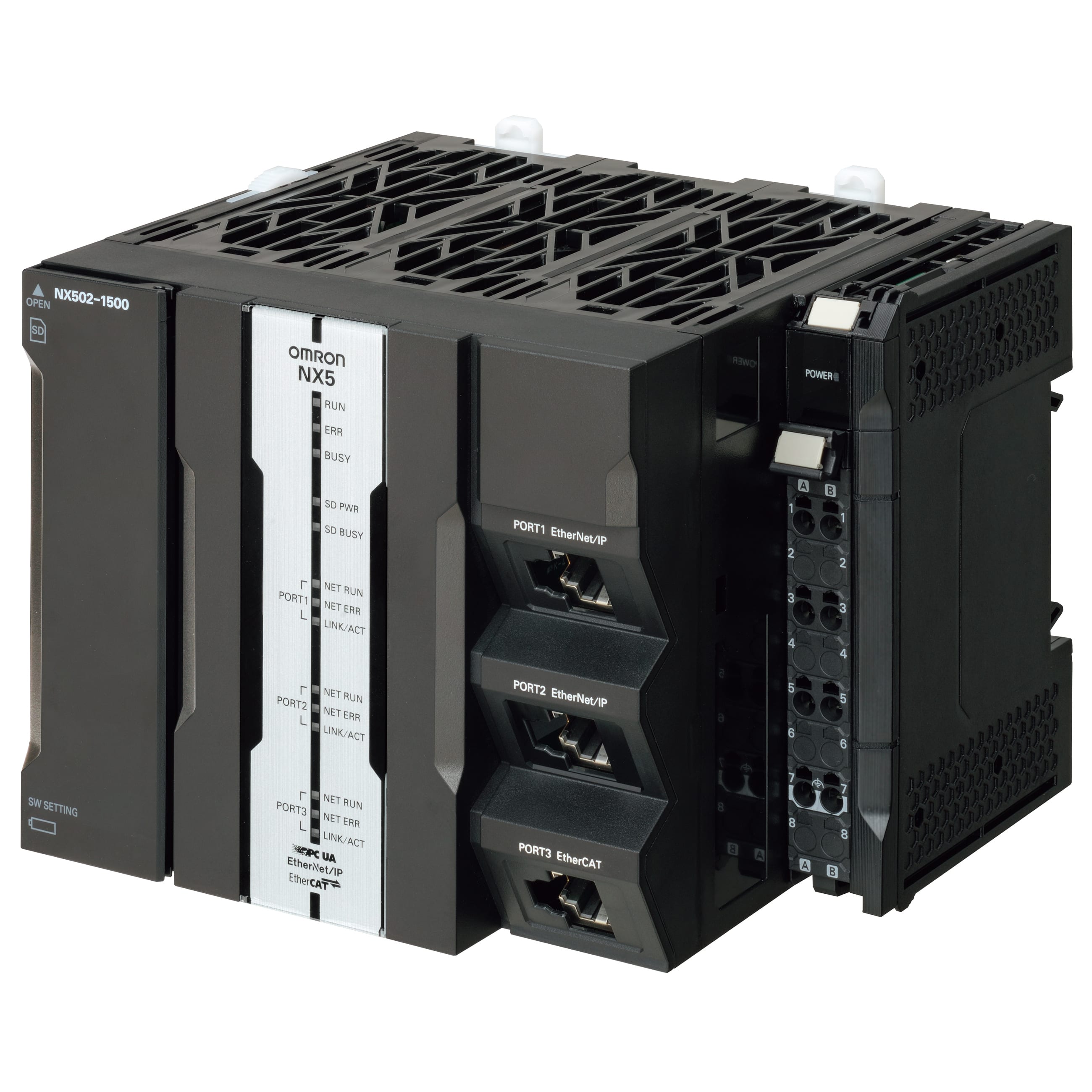 OMRON ELECTRONICS - Sysmac NX5 CPU with SQL Database Connectivity, 80 MB program and 260 MB data memory, builtin EtherCAT (32 servo axes, in total 256 EtherCAT nodes) and 2 Ethernet ports (OPCUA and EtherNet/IP)