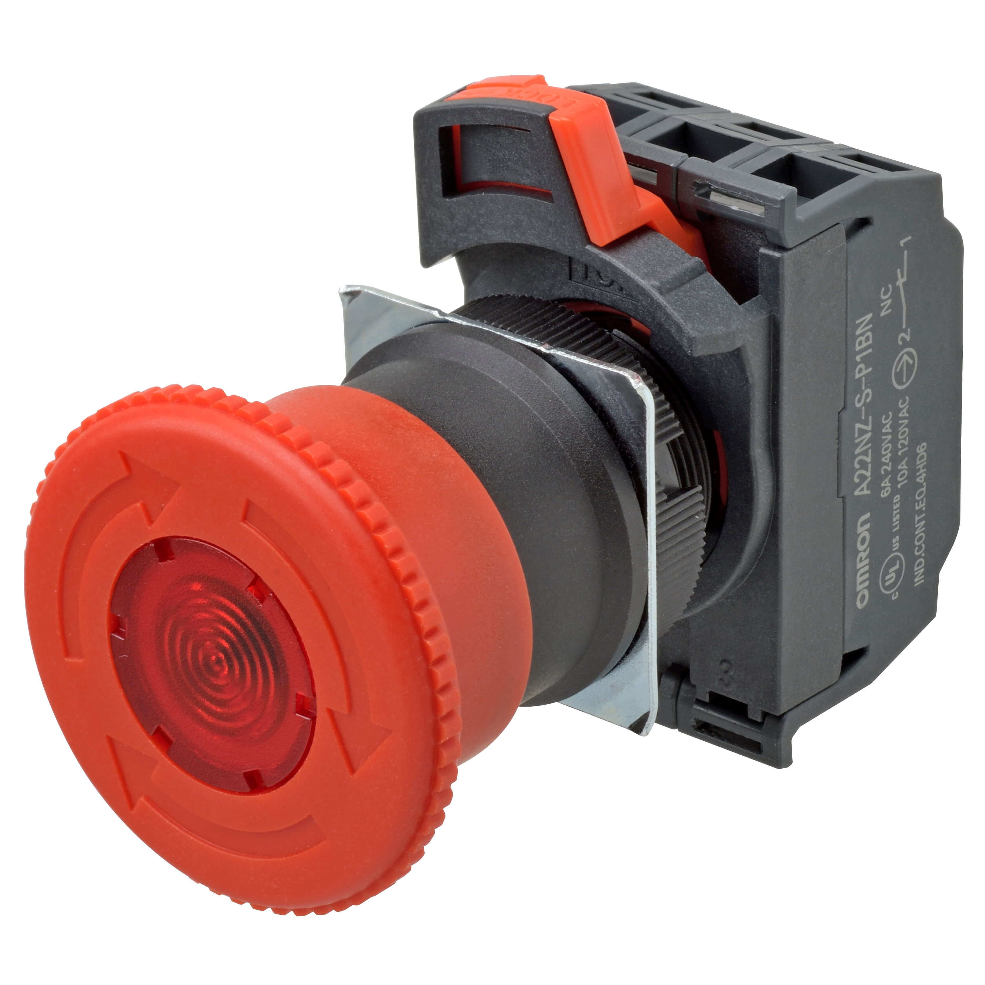 OMRON ELECTRONICS - Pulsante emergenza Ø22 mm, diam. 40 mm, luminoso, 1 NC + 1 NO, riassetto a rotazione, terminali Push-in.