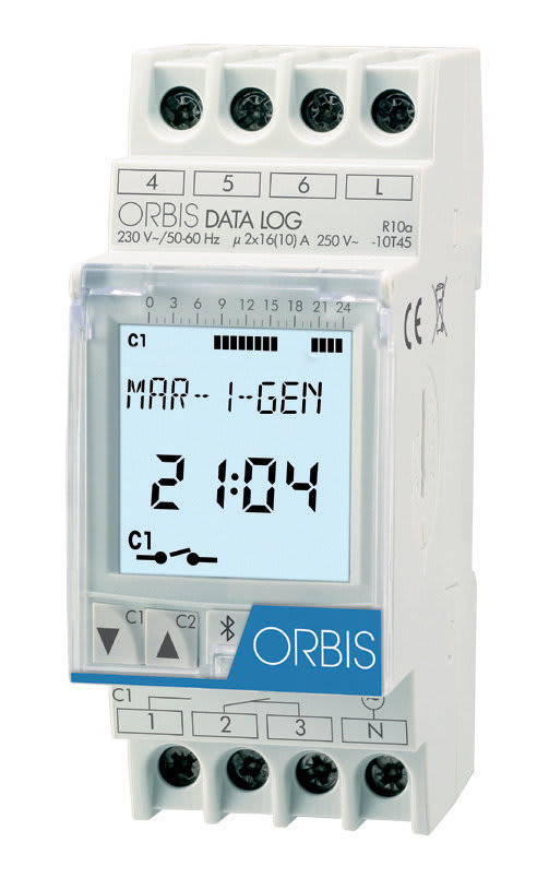 ORBIS - DATA LOG Interruttore Orario Digitale 2 moduli DIN,giornaliero/settimanale,1 contatto, 12V AC/DC