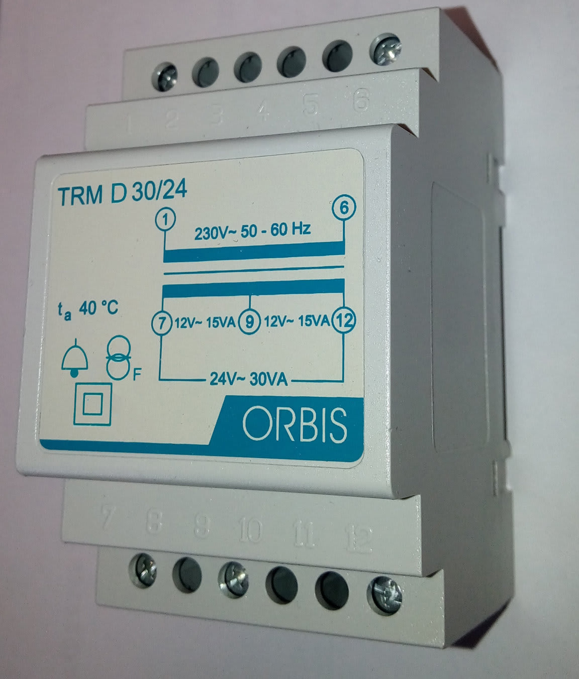 ORBIS - TRM D 30/24 Trasformatori modulari per campanelli, potenza 30 VA, 3 moduli DIN, tensione primario 230V, tensione secondario 12/24 VAC