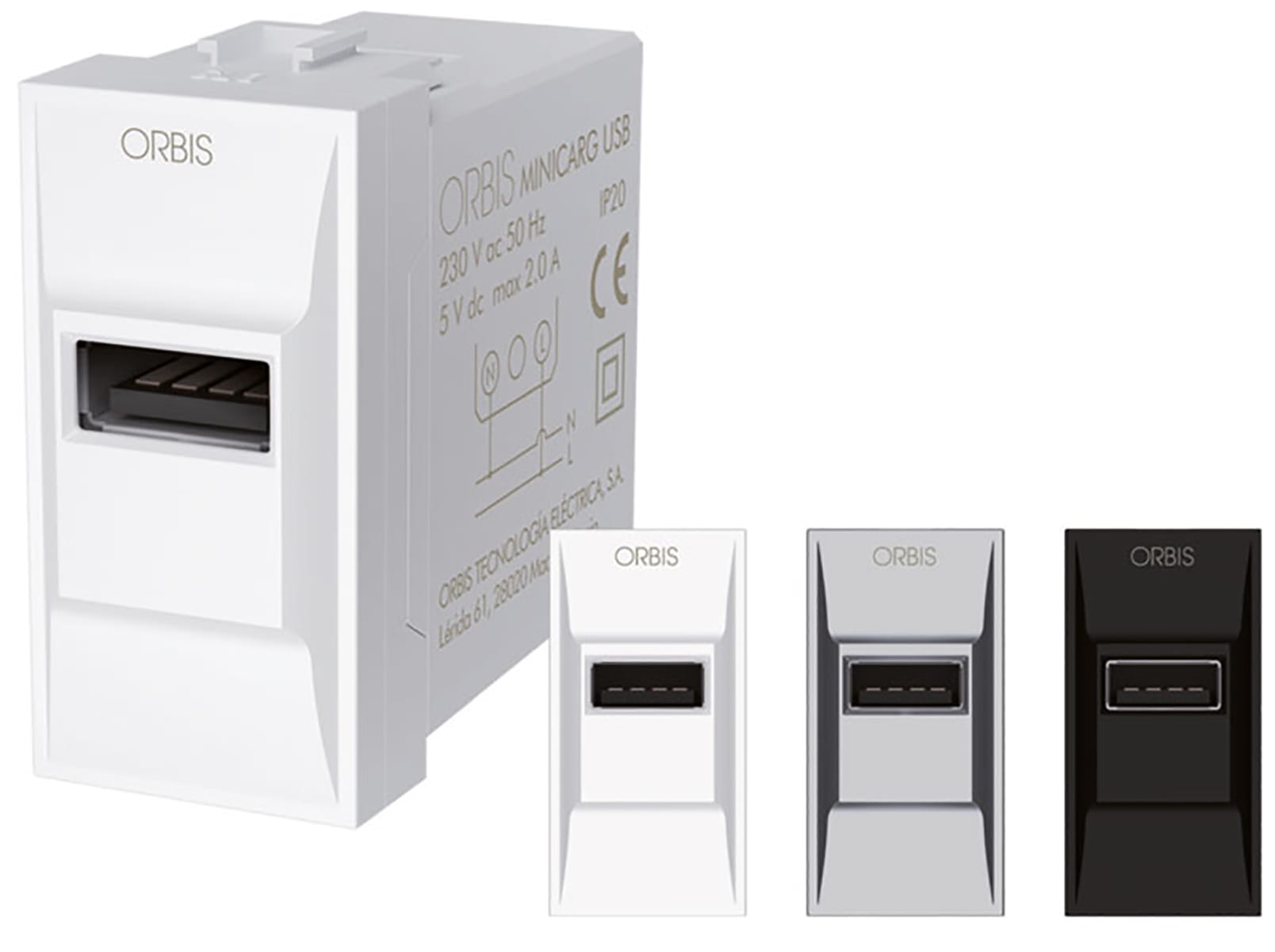 ORBIS - MINICARG USB Alimentatore USB da incasso, 5VDC - 2.1A Max, con forntalini BIANCO, ANTRACITE e ALLUMINIO intercambiabili, 1 modulo DIN, 230V