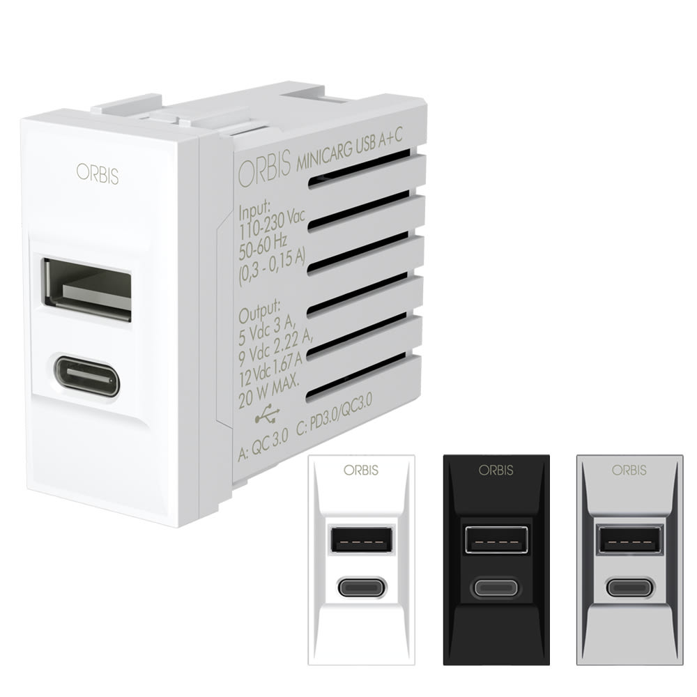 ORBIS - MINICARG USB Alimentatore USB A + USB C da incasso, 5VDC - 3A Max, con forntalini BIANCO, ANTRACITE e ALLUMINIO intercambiabili, 1 modulo DIN, 230V