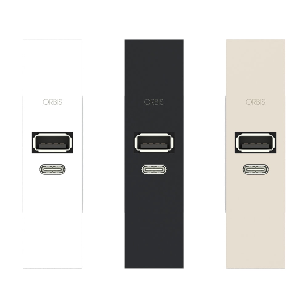 ORBIS - MINICARG USB A+C LN Alimentatore USB da incasso, 12VDC Max - 3A Max, con forntalini BIANCO, ANTRACITE e ALLUMINIO intercambiabili, 1 modulo DIN, 230V