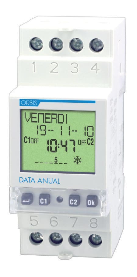 ORBIS - DATA ANUAL Interruttore orario digitale 2 moduli DIN, giornaliero/ settimanale/ mensile/ annuale, 2 contatti, 230V