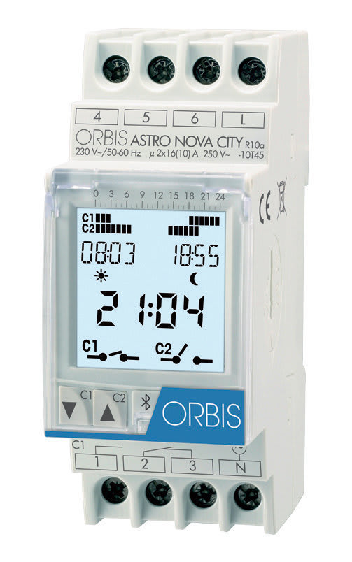 ORBIS - ASTRO NOVA CITY Interruttore Orario Digitale Astronomico 2 moduli DIN,giornaliero/settimanale,2 contatti, 24V AC/DC