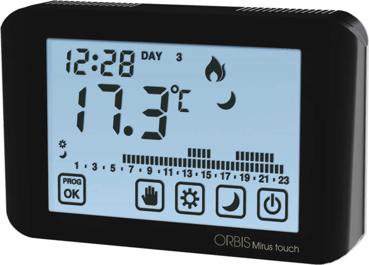 ORBIS - MIRUS TOUCH ANTRACITE Cronotermostato digitale da parete con display touch, programmazione giornaliera/settimanale, alim. 2 batterie 1,5V