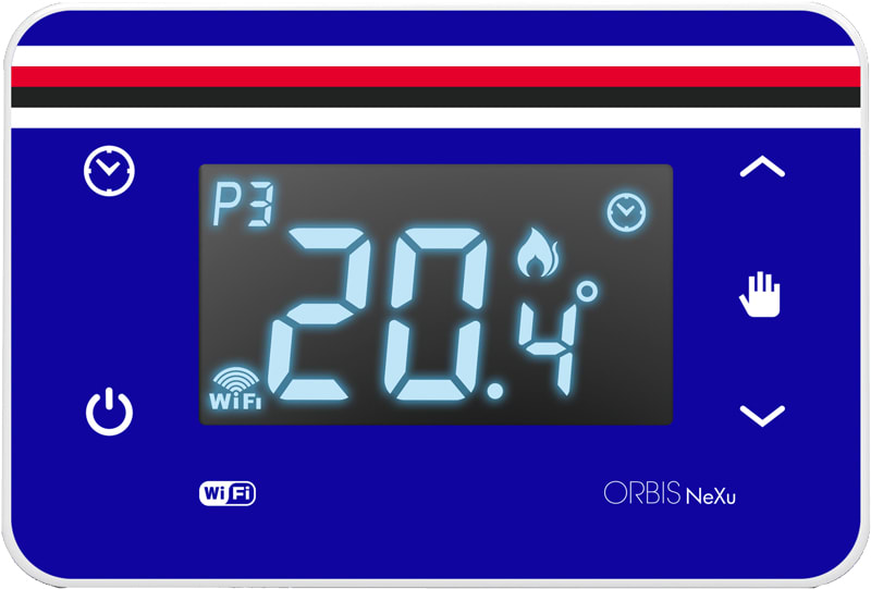 ORBIS - NEXU WiFi FBC Cronotermostato digitale da parete comunicazione WiFi, programmazione settimanale, colore BLU, ROSSO e NERO, alim. 230V OB32620BC