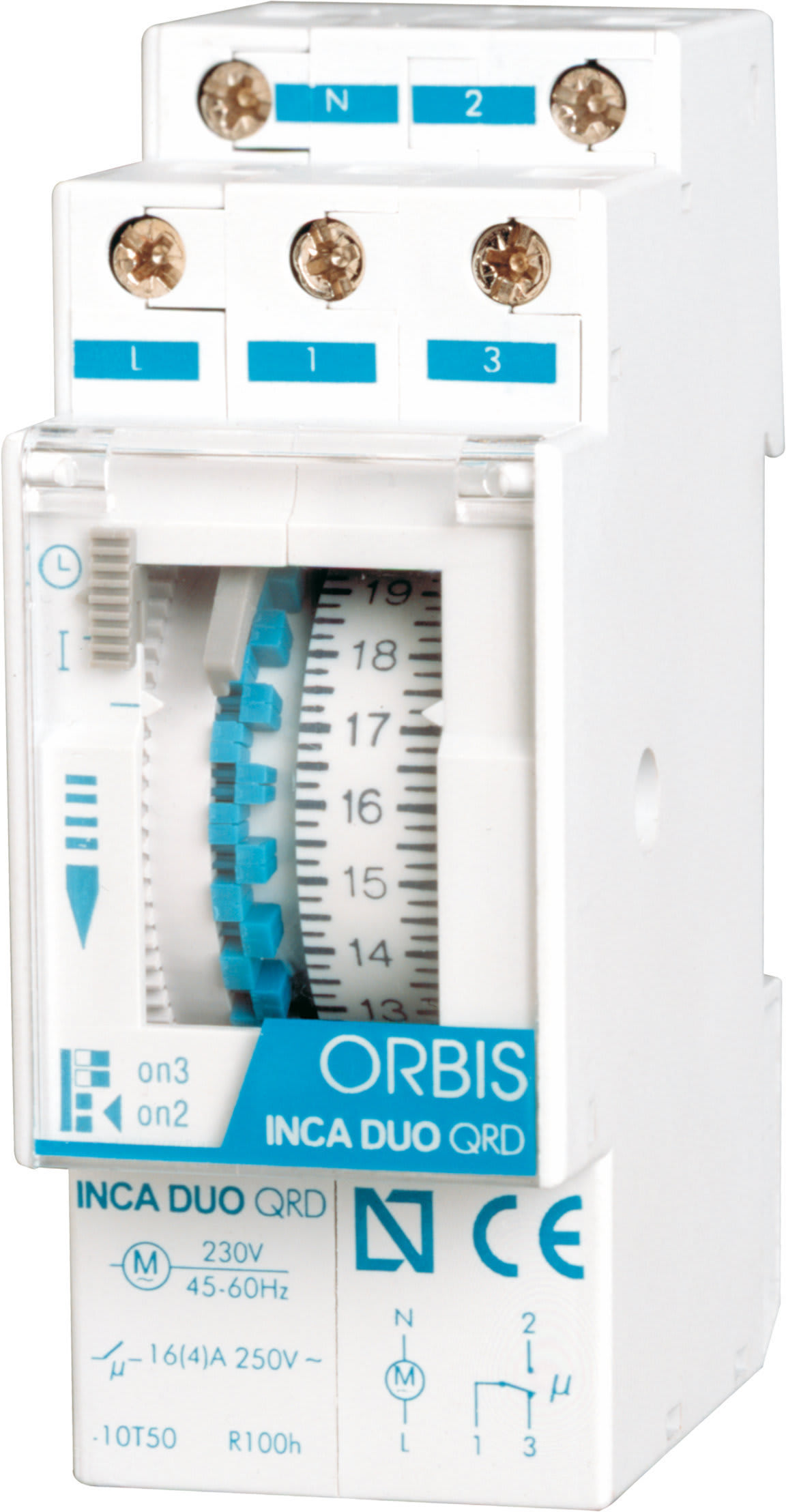 ORBIS - INCA DUO QRS Interruttore Orario Elettromeccanico 2 moduli DIN,settimanale,riserva 100 ore, 12V DC