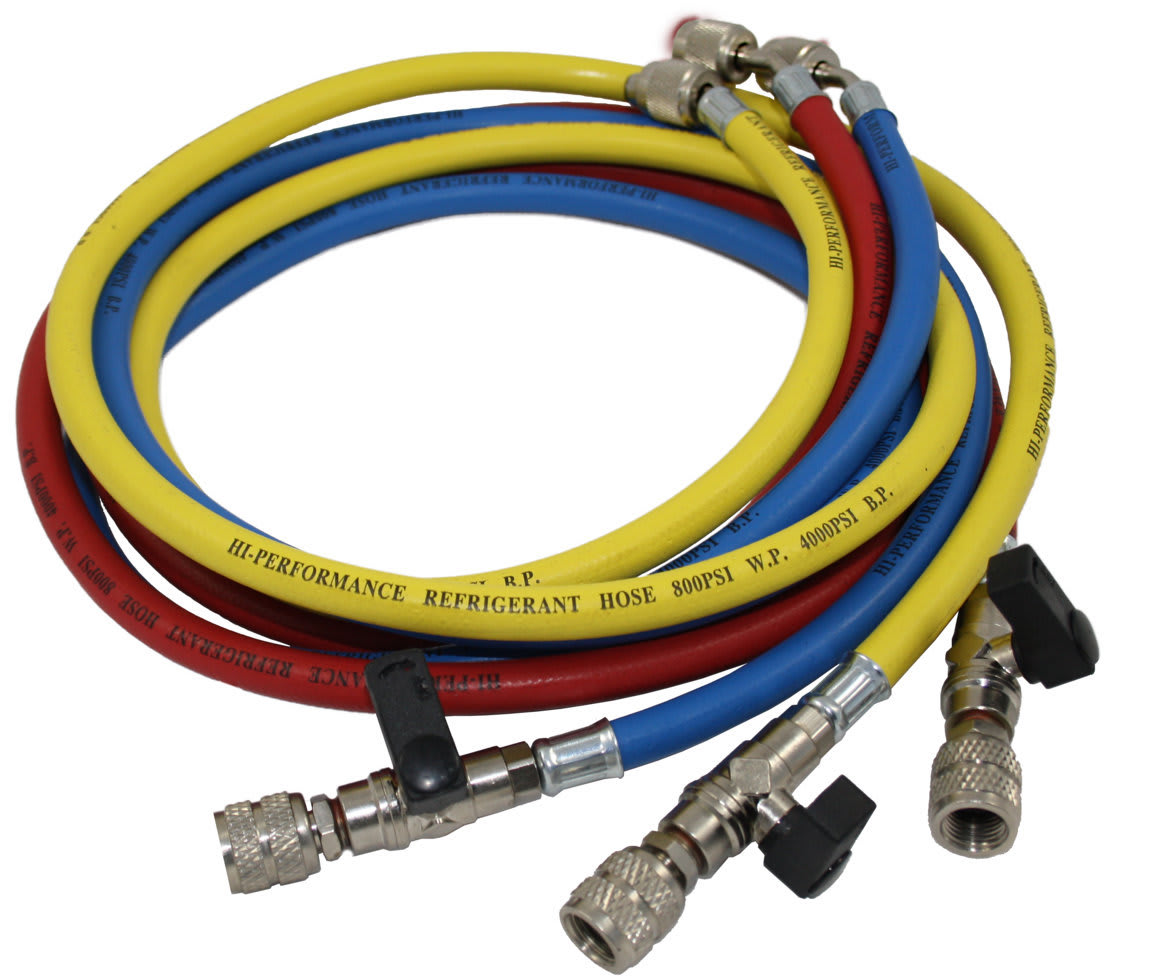 ORBIS - Serie 3 tubi fessibili R22/R407/R32 con rubinetto e depressore attacco 1/4" SAE - 1/4" SAE 45°, lunghezza 1500 mm