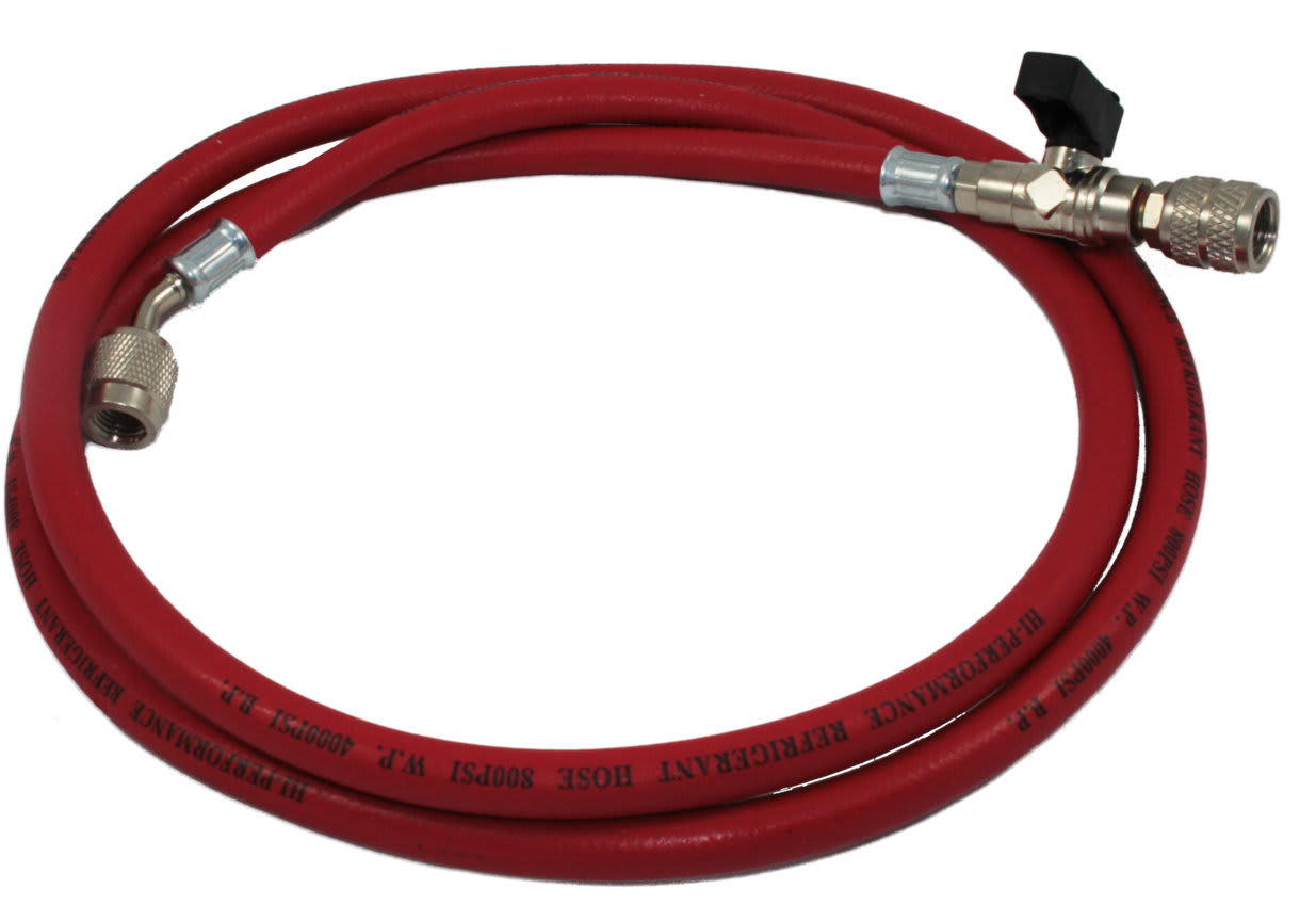 ORBIS - Tubo flessibile singolo rosso R22/R407/R32 con rubinetto e depressore attacco 1/4" SAE - 1/4" SAE 45°, lunghezza 1500 mm