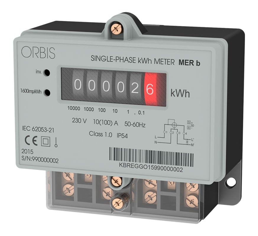 ORBIS - MERb Contatore monofase energia attiva, da parete, 100A, inserzione diretta, display elettromeccanico, lampeggio LED 0.625Wh/imp