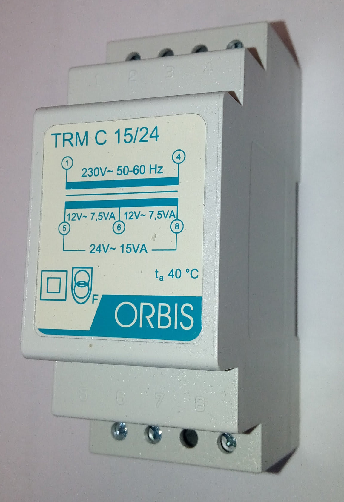 ORBIS - TRM C 15/24 Trasformatori modulari per campanelli, potenza 15 VA, 2 moduli DIN, tensione primario 230V, tensione secondario 12/24 VAC