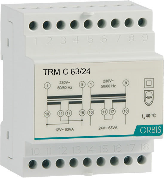 ORBIS - TRM C 63/24 Trasformatori modulari per campanelli, potenza 63 VA, 4 moduli DIN, tensione primario 230V, tensione secondario 12/24 VAC