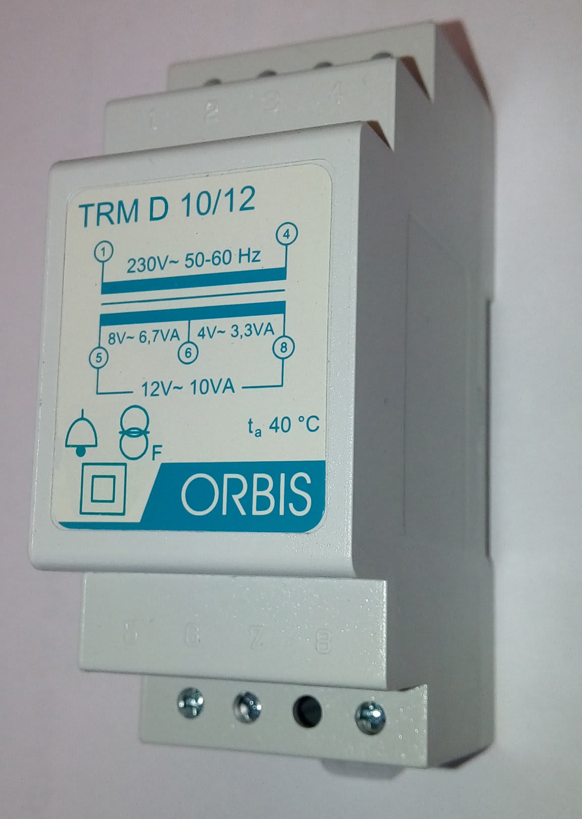 ORBIS - TRM D 10/12 Trasformatori modulari per campanelli, potenza 10 VA, 2 moduli DIN, tensione primario 230V, tensione secondario 4/8/12 VAC