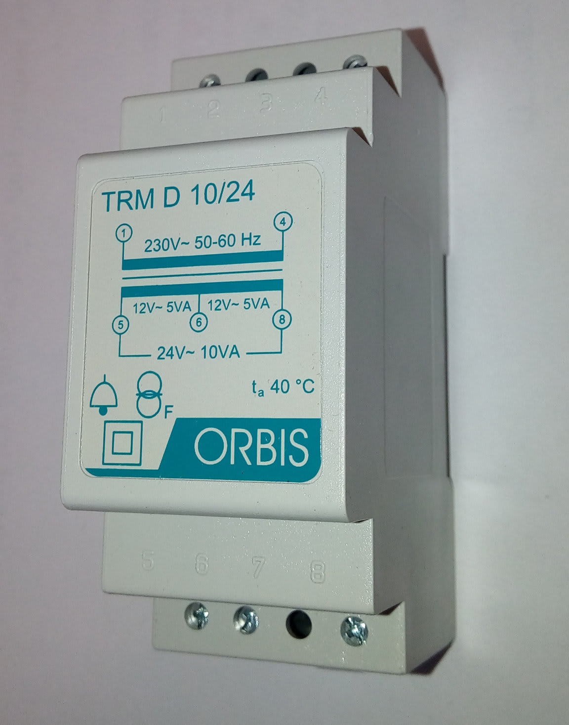 ORBIS - TRM D 10/24 Trasformatori modulari per campanelli, potenza 10 VA, 2 moduli DIN, tensione primario 230V, tensione secondario 12/24 VAC