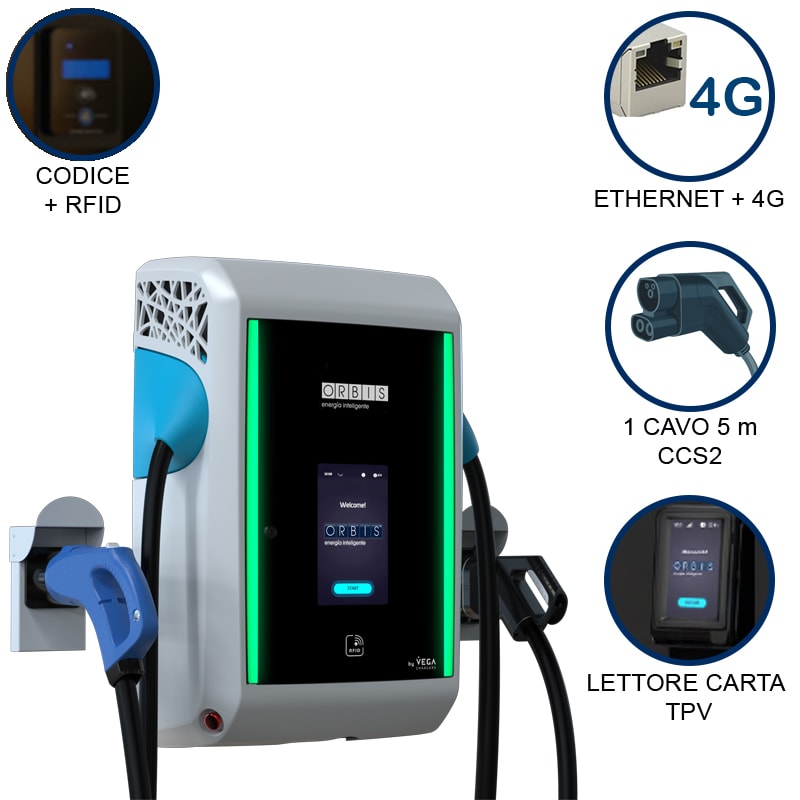 ORBIS - VIARIS GRAVITY 1CCS40TPVETHG DC FAST CHARGER 40 kW, 1 uscita: CCS2, Cavo 5m, Ethernet+4G, lettore carte RFID, lettore carta di credito