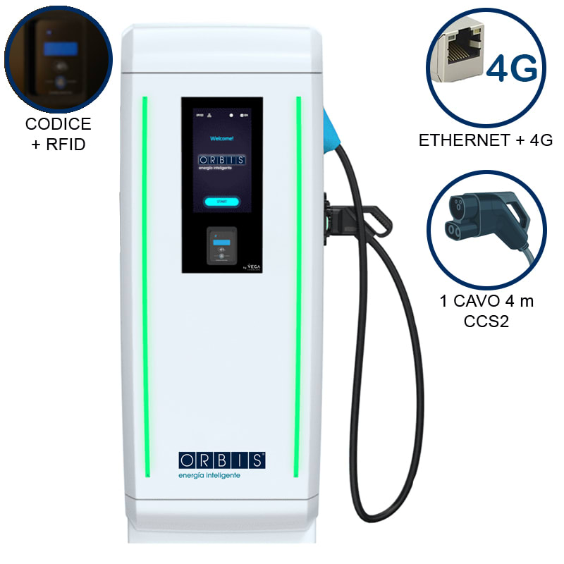 ORBIS - VIARIS LANDER 1CCS80ETHG DC FAST CHARGER 80 kW, 1 uscita: CCS2, Cavo 4m, Ethernet+4G, lettore carte RFID