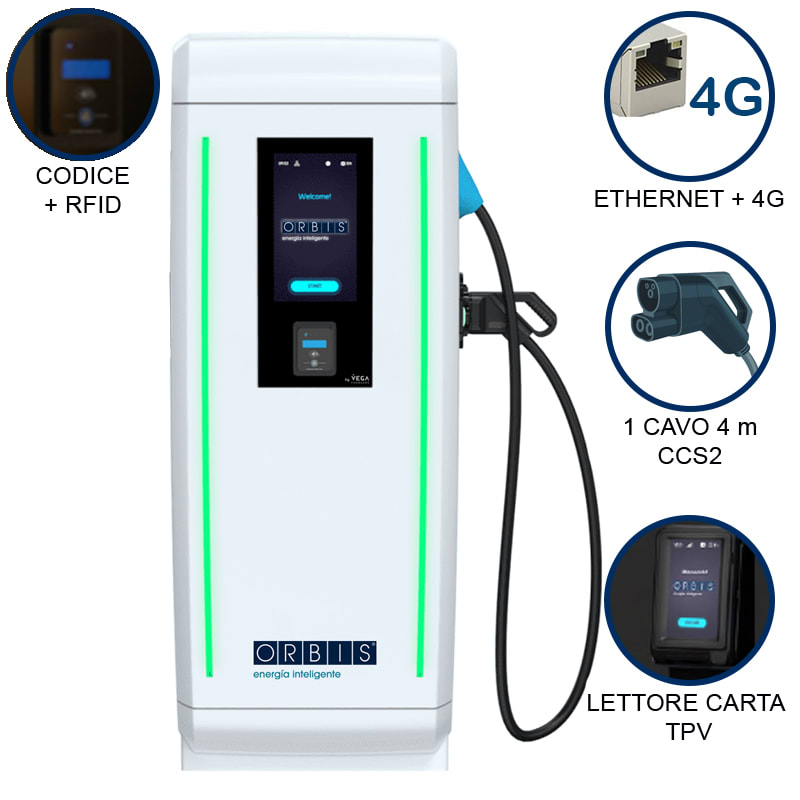 ORBIS - VIARIS LANDER 1CCS80TPVETHG DC FAST CHARGER 80 kW, 1 uscita: CCS2, Cavo 4m, Ethernet+4G, lettore carte RFID, lettore carta di credito