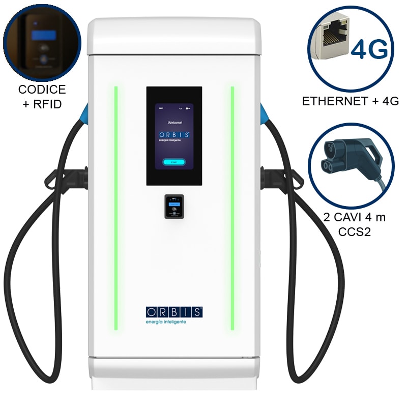 ORBIS - VIARIS LANDER PLUS 2CCS120ETHG DC FAST CHARGER 120 kW, 2 uscite CCS2, Cavo 4m, Ethernet+4G, lettore carte RFID