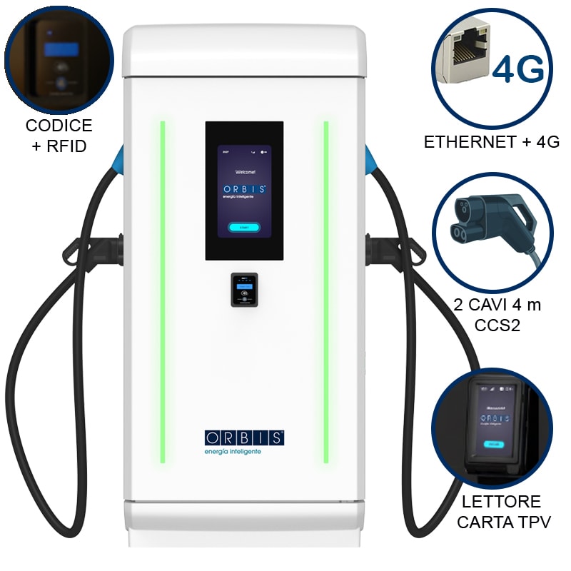 ORBIS - VIARIS LANDER PLUS 2CCS240TPVETHG DC FAST CHARGER 240 kW, 2 uscite CCS2, Cavo 4m, Ethernet+4G, lettore carte RFID, lettore carta di credito