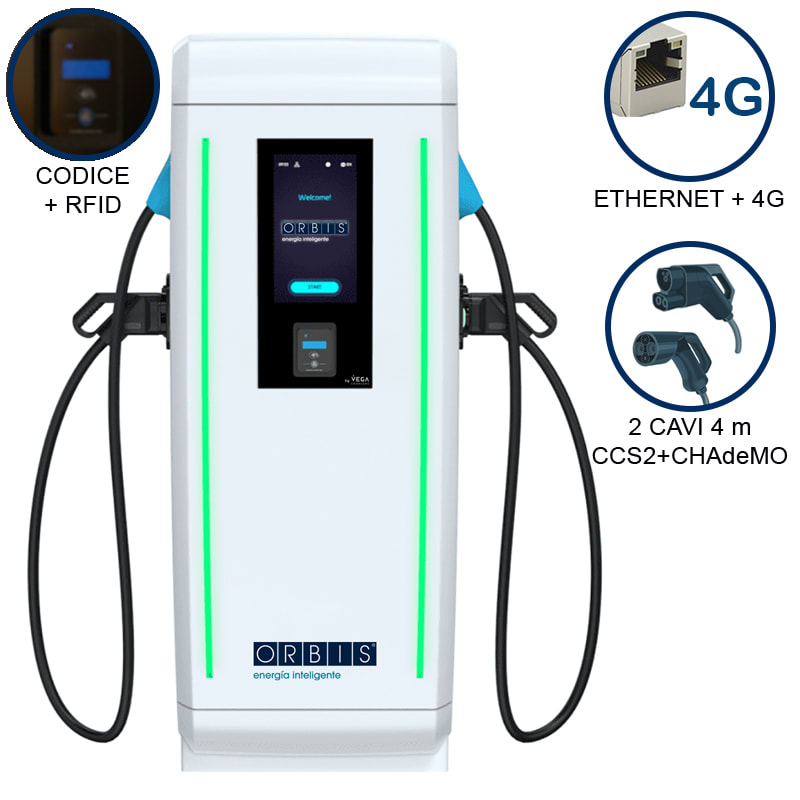 ORBIS - VIARIS LANDER 1CCS1CHA80ETHG DC FAST CHARGER 80 kW, 2 uscite: CCS2+CHAdeMO, Cavo 4m, Ethernet+4G, lettore carte RFID