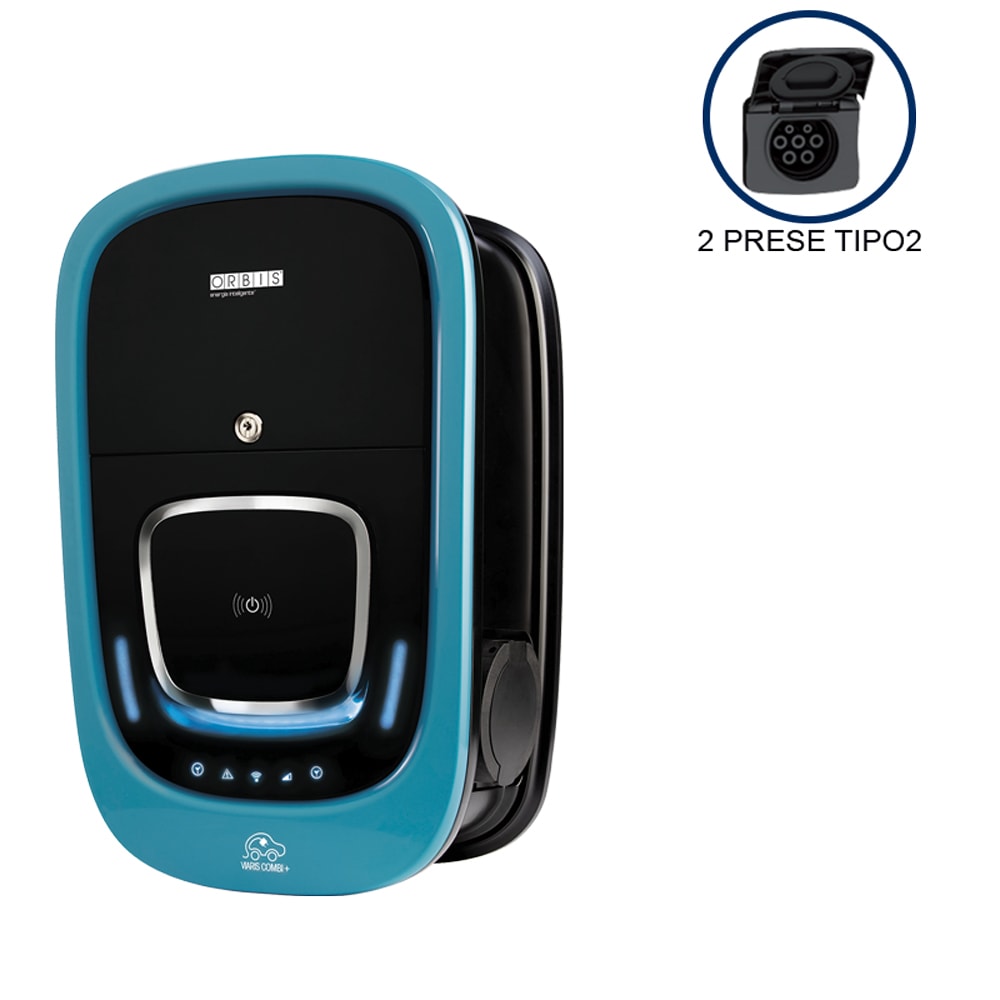ORBIS - VIARIS COMBI+ BBT222ETH TRIFASE 22 kW + 22 kW 3x32A, 2 PRESE TIPO 2 e SHUTTER, Ethernet, lettore carte RFID
