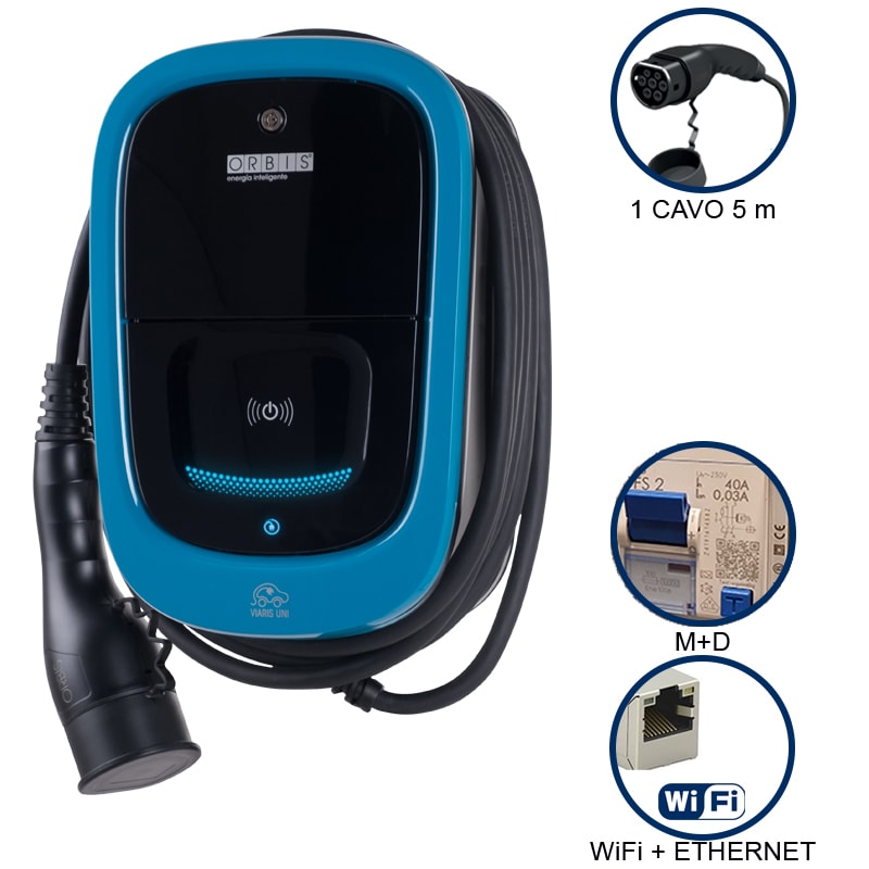 ORBIS - VIARIS UNI+ CT2P74ETH MONOFASE 7.4 kW 32A, 1 CAVO e CONNETTORE TIPO 2 lunghezza 5m, lettore carte RFID, WiFi + Ethernet