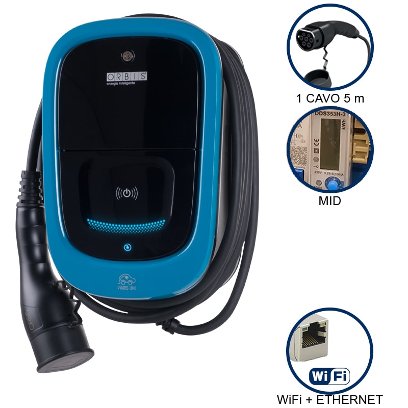 ORBIS - VIARIS UNI+ CT2E74ETH MONOFASE 7.4 kW 32A, 1 CAVO e CONNETTORE TIPO 2 lunghezza 5m, lettore carte RFID, WiFi + Ethernet