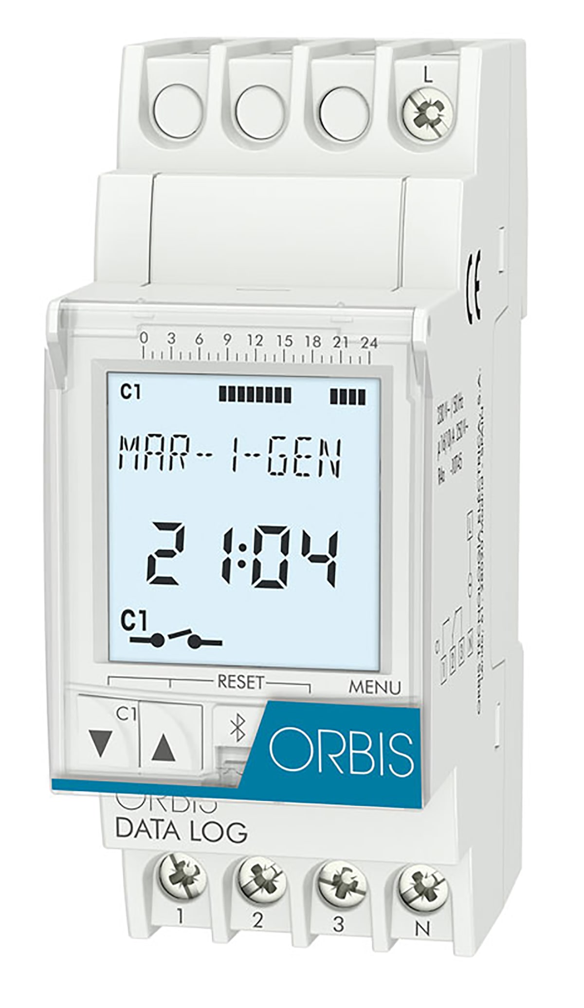 ORBIS - DATA LOG Interruttore orario digitale 2 moduli DIN, giornaliero/settimanale, 1 contatto, 230V