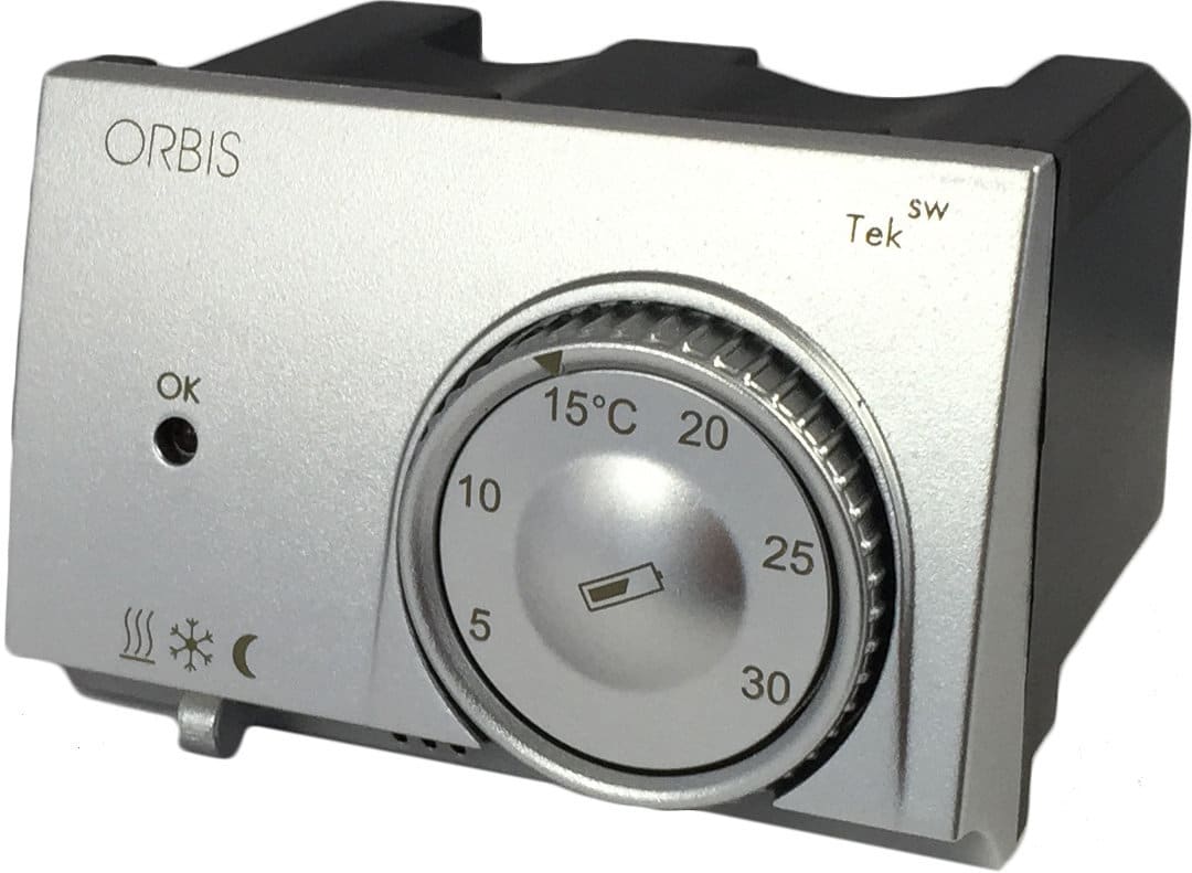 ORBIS - TEK SW ALLUMINIO Termostati elettronici da incasso, selettore riscaldamento/condizionamento, modalità notturna, 2 batterie 1.5V