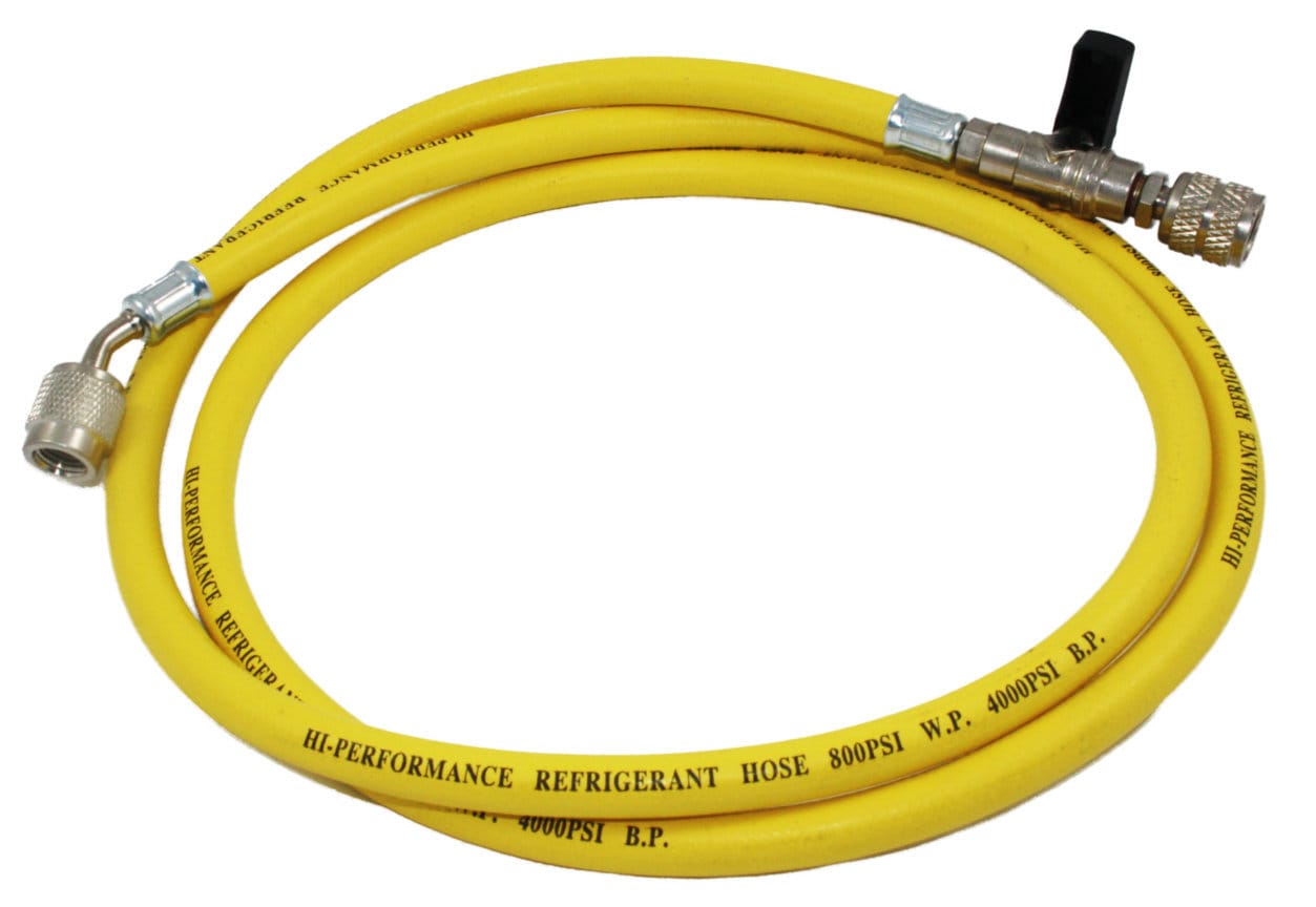 ORBIS - Tubo flessibile singolo giallo R22/R407/R32 con rubinetto e depressore attacco 1/4" SAE - 1/4" SAE 45°, lunghezza 1500 mm