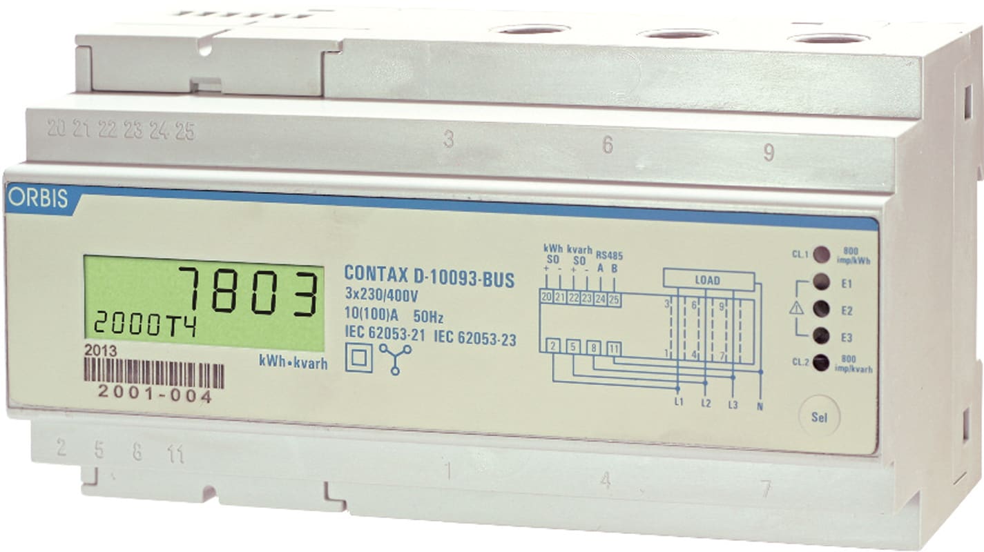 ORBIS - CONTAX D-10093 BUS Contatore trifase energia (Bidirezionale) attiva e reattiva, 9 Moduli, Comun.MODBUS, 100A, ins.passante TA integrato, display digitale