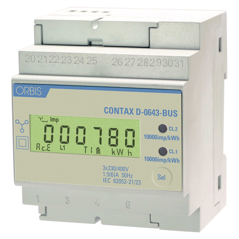 ORBIS - CONTAX D-0643 BUS Contatore trifase energia (Bidirezionale) attiva e reattiva, 4 Moduli, Comunicazione MODBUS, 6A, inserzione con TA, display digitale
