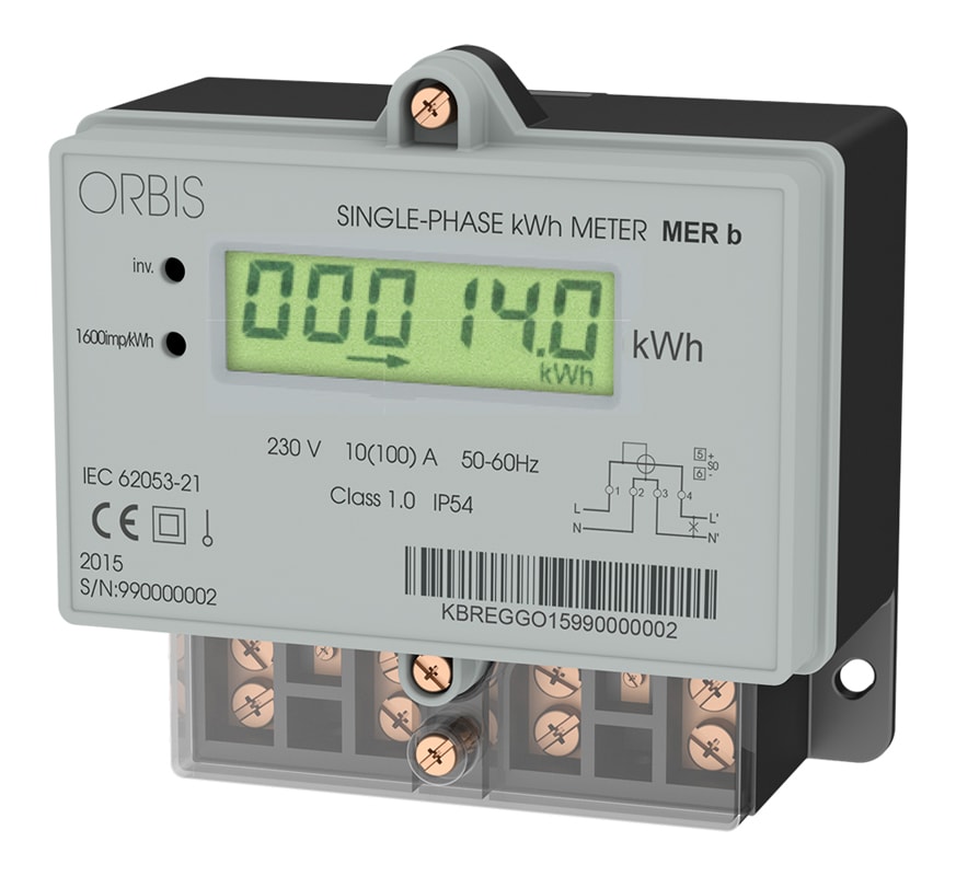 ORBIS - MERb LCD Contatore monofase energia attiva, da parete, 100A, inserzione diretta, display digitale, lampeggio LED 0.625Wh/imp