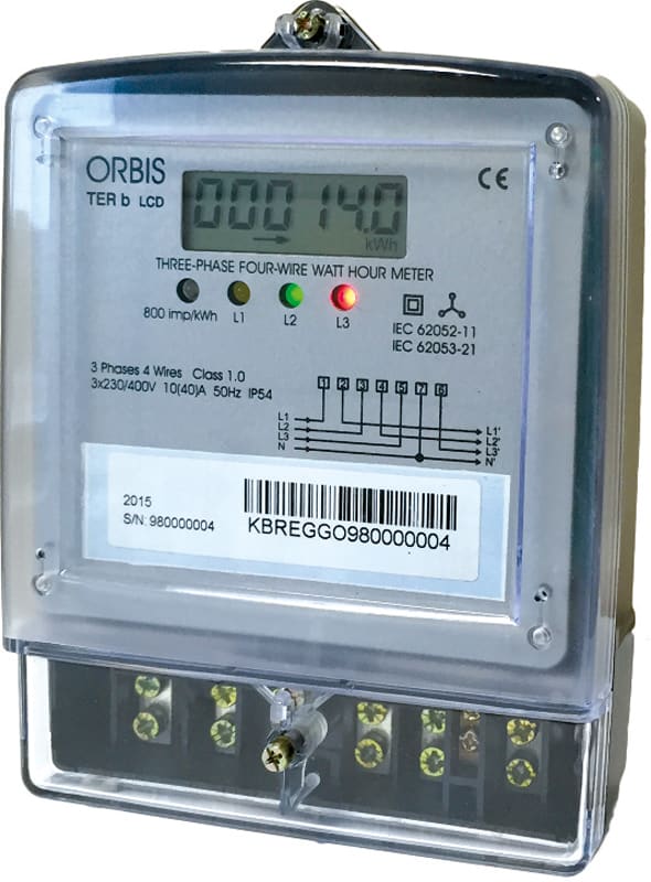 ORBIS - TER b LCD Contatore trifase energia attiva, da parete, 60A, inserzione diretta, display digitale, lampeggio LED 1.25Wh/imp
