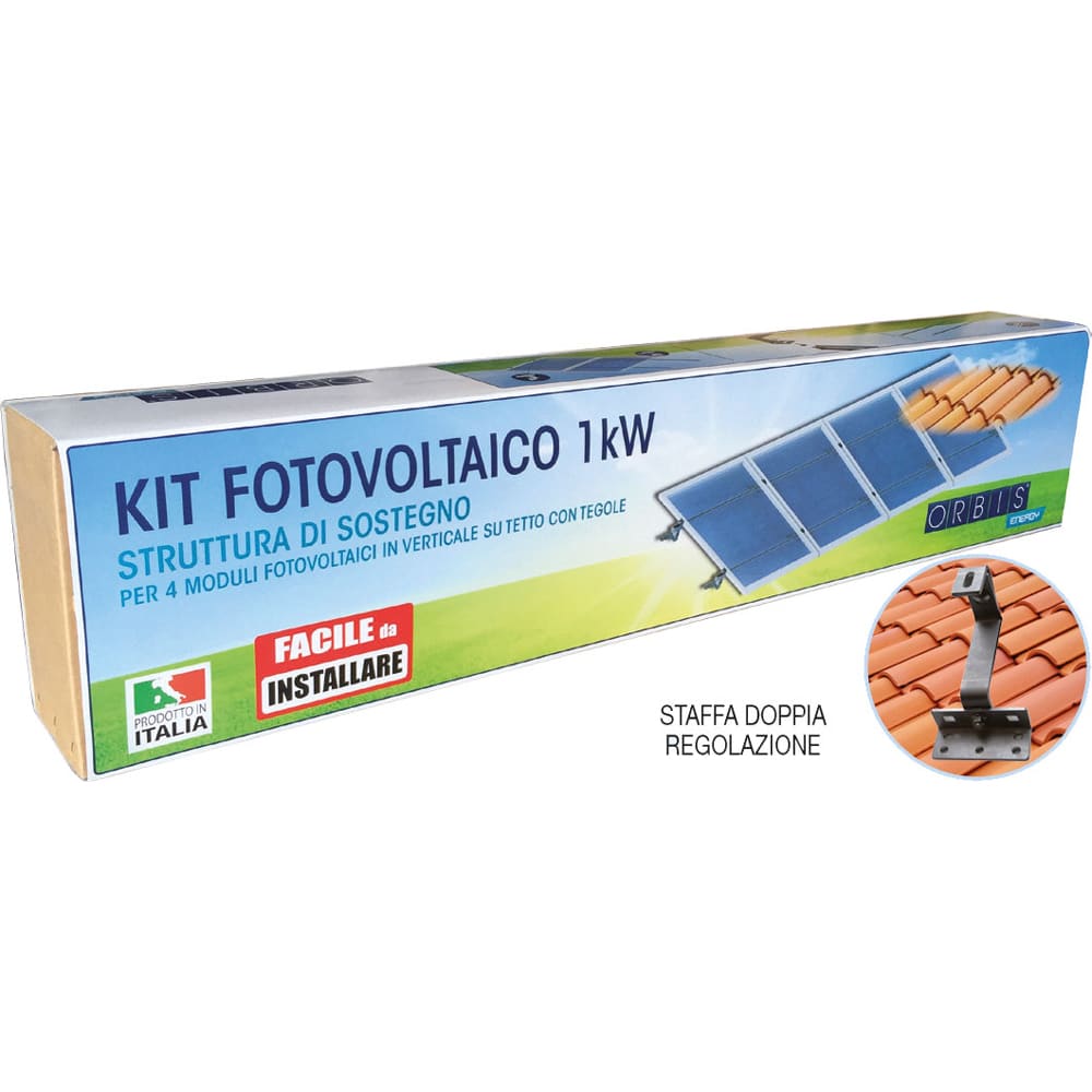 ORBIS - KIT FST-R4 KIT STRUTTURA DI SOSTEGNO 4 PANNELLI per 4 moduli fotovoltaici in verticale su tetto con tegole o coppi, Staffa DOPPIA REGOLAZIONE
