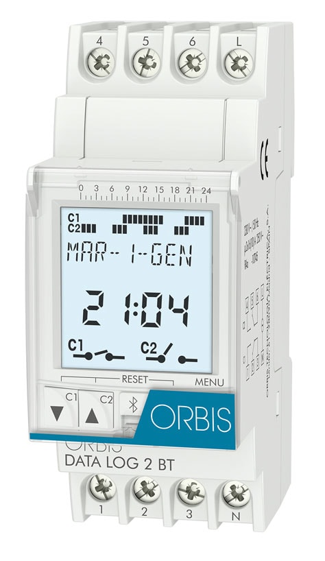 ORBIS - DATA LOG 2 BLUETOOTH Interruttore orario digitale,2 moduli DIN, giornaliero/settimanale, 2 contatti, 230V