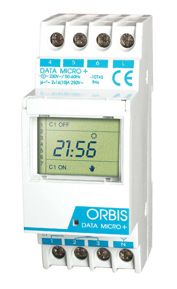 ORBIS - DATA MICRO 2+ Interruttore orario digitale 2 moduli DIN, giornaliero/settimanale, 2 contatti, 230V