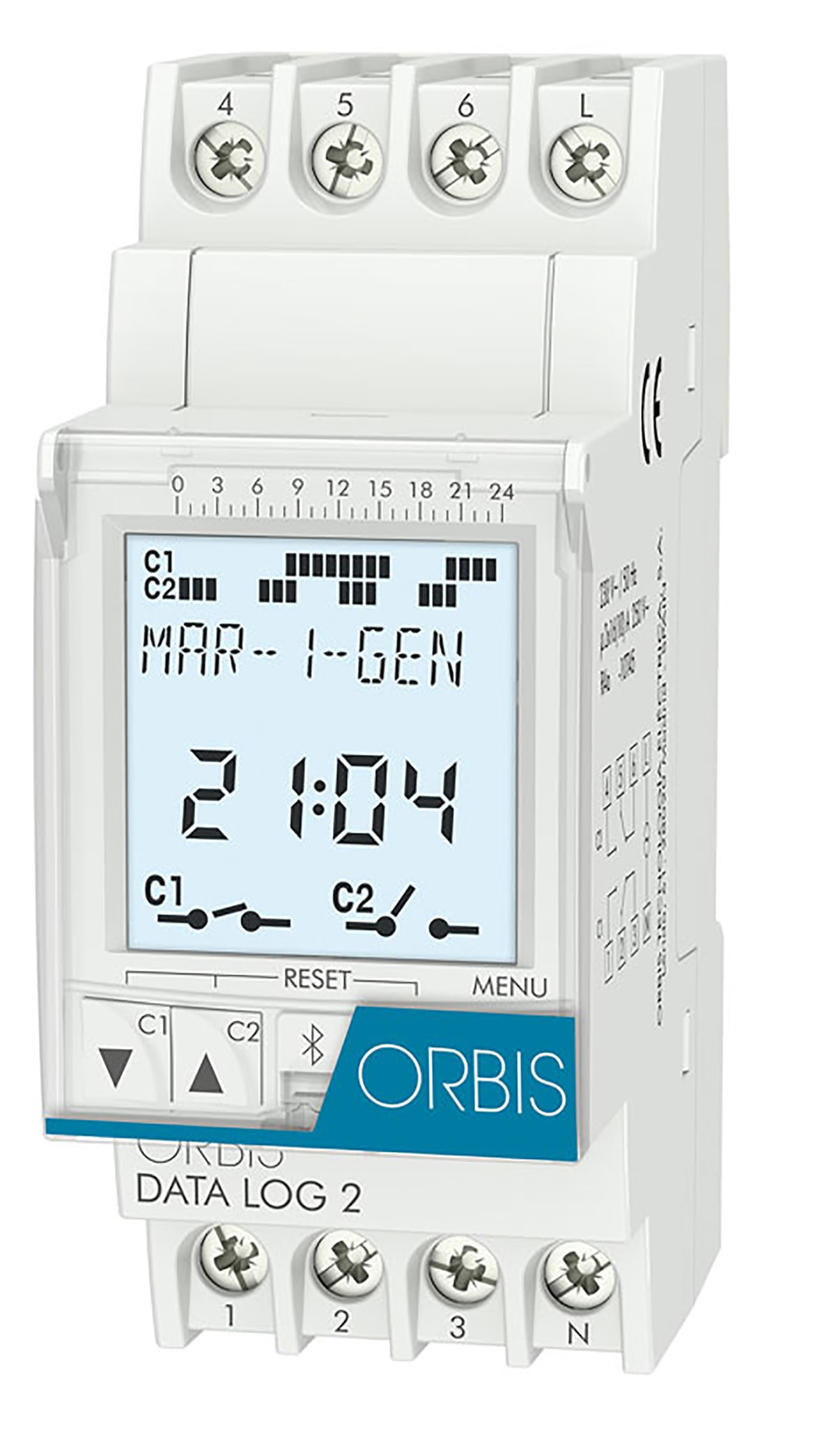 ORBIS - DATA LOG 2 Interruttore orario digitale 2 moduli DIN, giornaliero/settimanale, 2 contatti, 230V