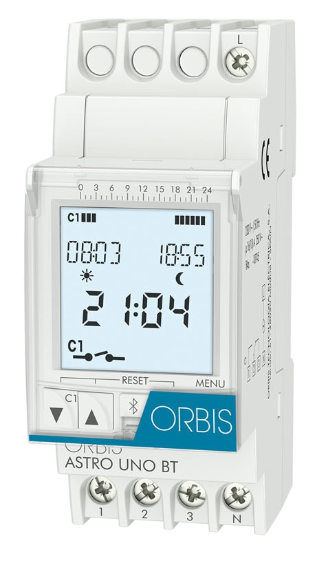 ORBIS - ASTRO UNO BT Interruttore orario digitale astronomico 2 moduli DIN, giornaliero/settimanale, 1 contatto, 230V
