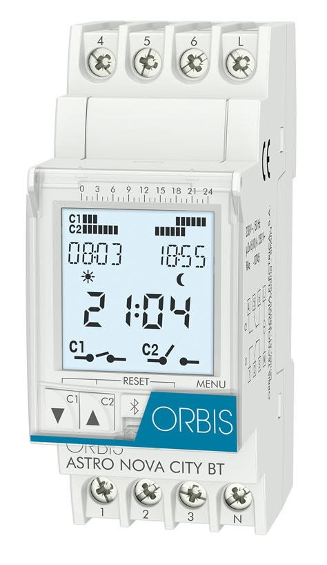 ORBIS - ASTRO NOVA BT Interruttore orario digitale astronomico 2 moduli DIN, giornaliero/settimanale, 2 contatti, 230V