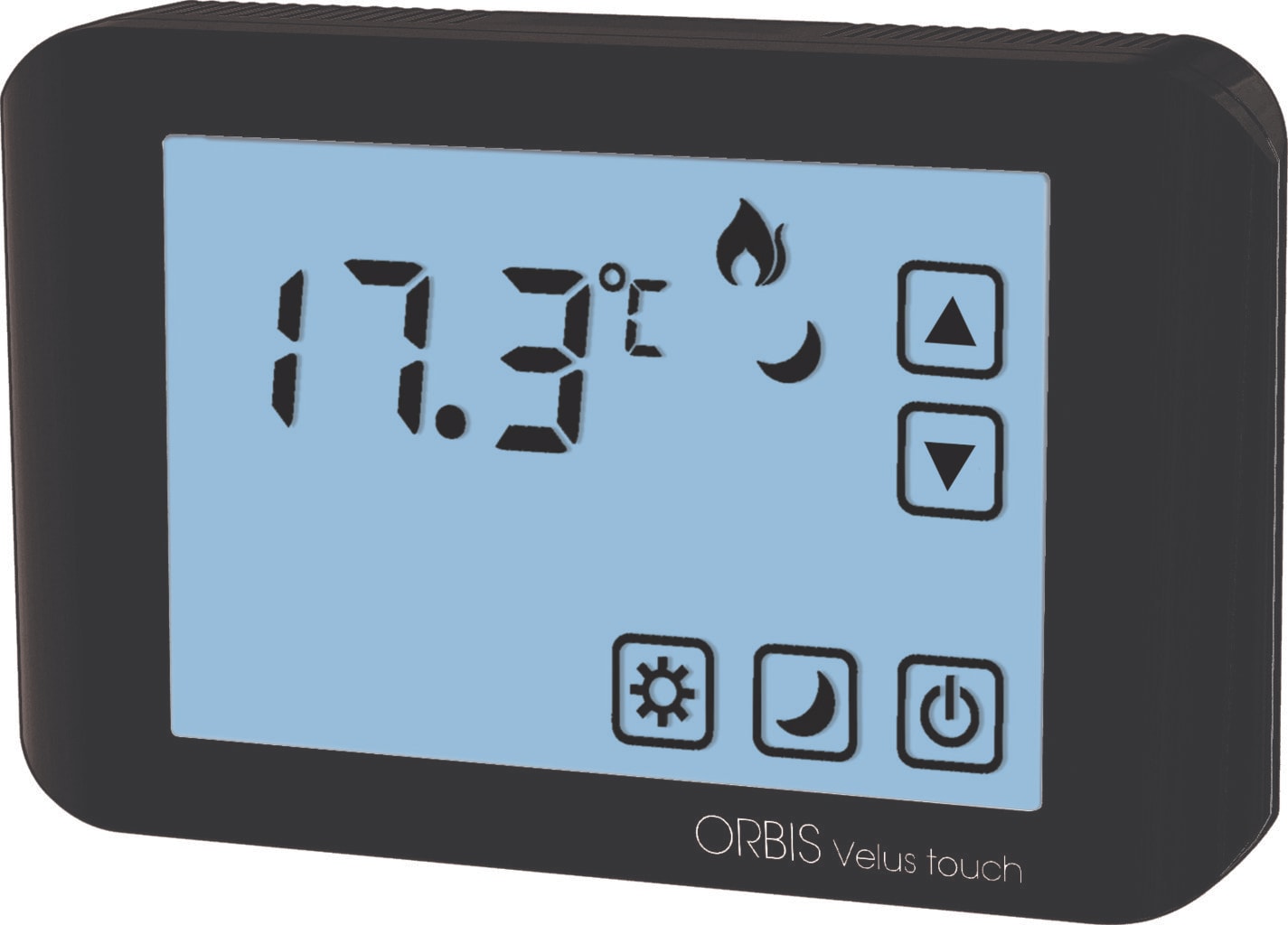 ORBIS - VELUS TOUCH ANTRACITE Termostati digitali da parete con display touch, funzione riscaldamento/condizionamento, due livelli impostabili, 2 batterie 1.5V