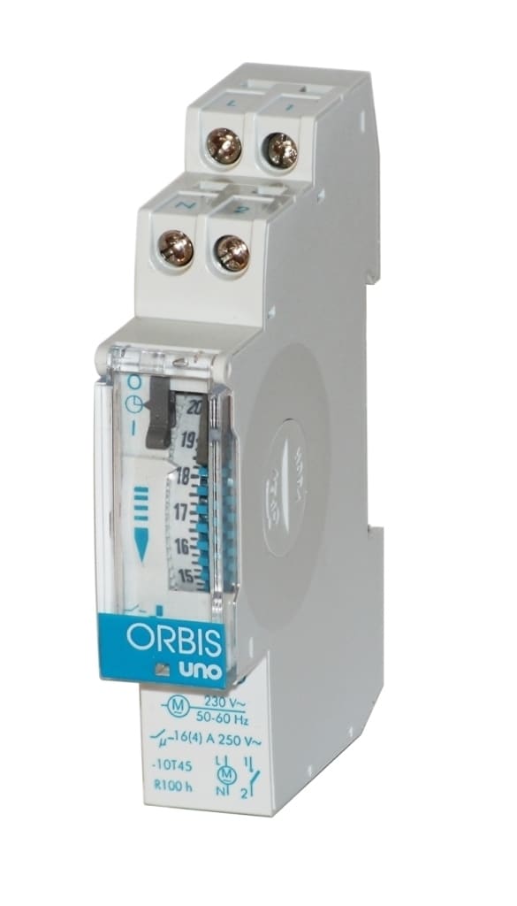 ORBIS - UNO QRS Interruttore Orario Elettromeccanico 1 modulo DIN,settimanale,riserva 150 ore, alimentazione 12V