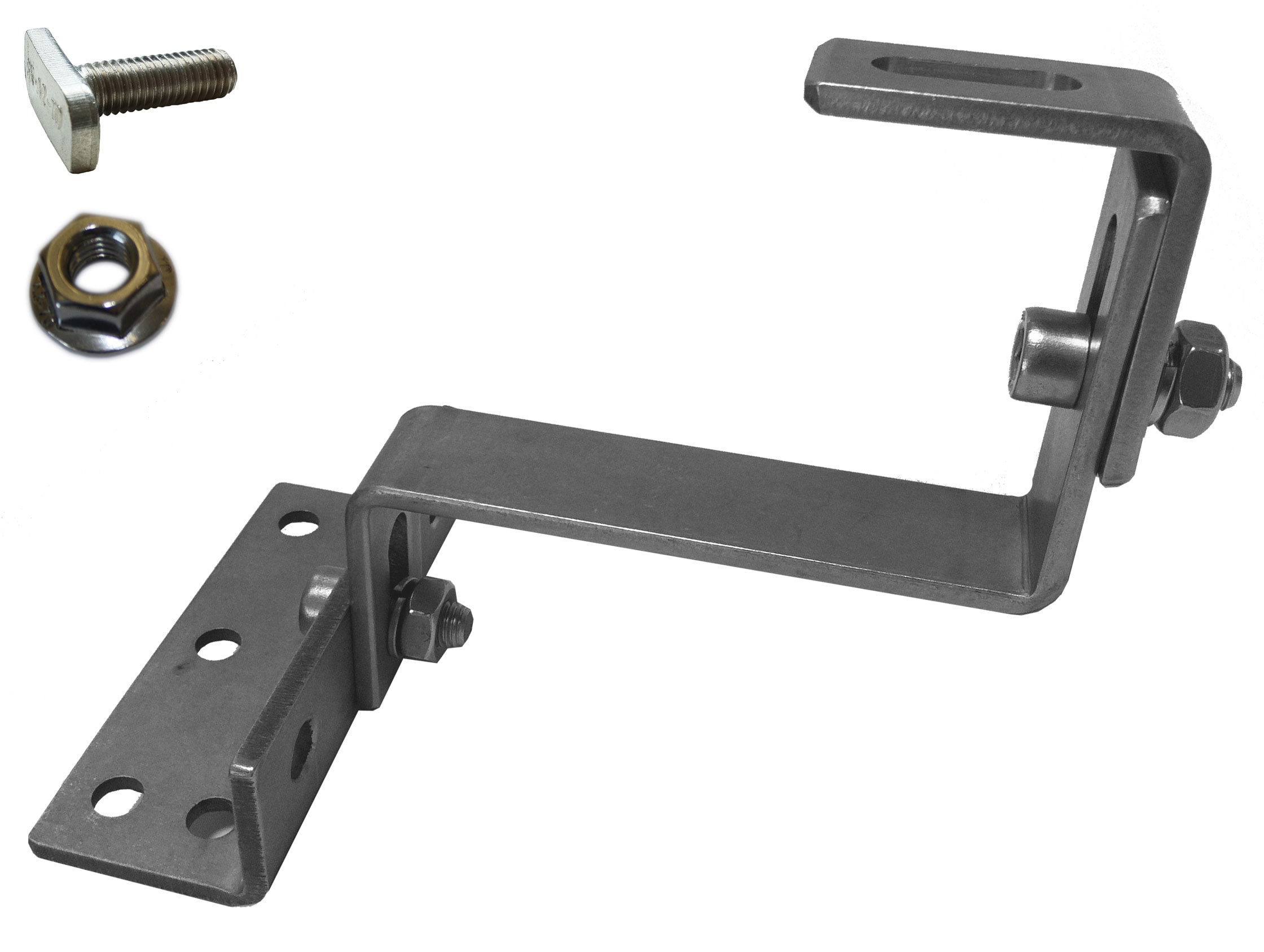 ORBIS - SRUR-XS  Staffa regolabile con piastra in ACCIAIO INOX AISI 304, con bulloneria per fissaggio su profilo,2 regolazioni, spessore 5mm