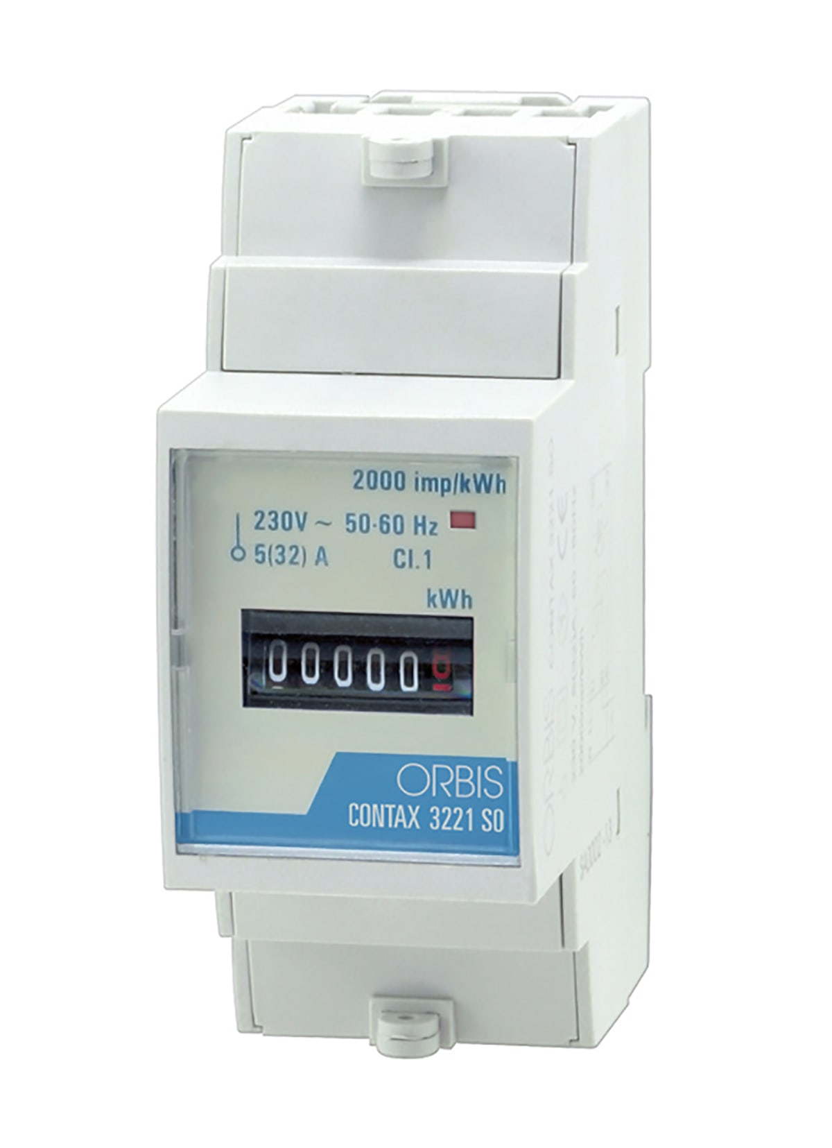 ORBIS - CONTAX 3221 SO Contatore monofase energia attiva, 2 Moduli, 32A, inserzione diretta, display elettromeccanico, lampeggio LED 0.5Wh/imp